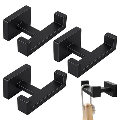 3 Pcs Angle Simple Double Towel Hook, Stainless Steel Shower Double Robe Coat Hooks for Wall, Hand Towel Holder for Bathroom Wall Livingroom Bedroom Kitchen Closet (Black)