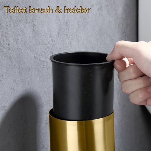 AIREMOEN 1PCS Brushed Gold Wall-Mounted Toilet Brush and Holder Set, 304 Stainless Steel Handle Toilet Brush Holder, Toilet Brush and Plunger Set, Bathroom Wall-Mounted Compact Toilet Brush Holder