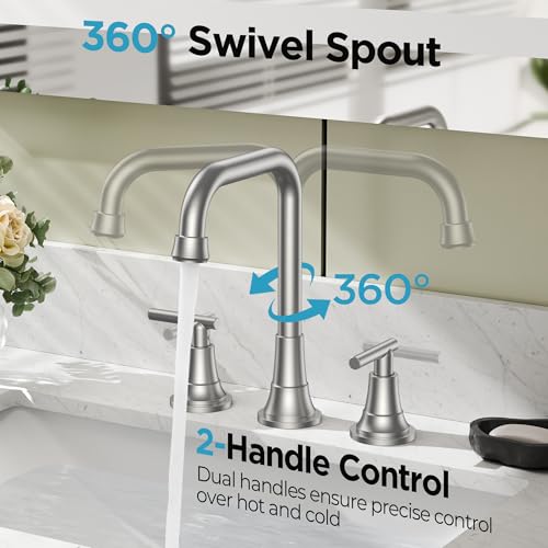 FORIOUS 8 In Brushed Nickel Bathroom Sink Faucet 3 Hole Widespread, Silver | Two Handles Brushed Nickel Bathroom Faucet 3 Hole, Widespread Faucet for Bathroom Sink with Drain and Hose, Farmhouse, Vanity - color: Brushed Silver
