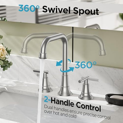 FORIOUS 8 In Brushed Nickel Bathroom Sink Faucet 3 Hole Widespread, Silver | Two Handles Brushed Nickel Bathroom Faucet 3 Hole, Widespread Faucet for Bathroom Sink with Drain and Hose, Farmhouse, Vanity - color: Brushed Silver