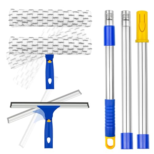 Window Squeegee with Extension Pole, Separate 12" Squeegee & 11" Microfiber Scrubber Heads, Window Cleaning Kit for Hard-to-Reach Windows, Shower Doors, Car Windshields, Indoor Outdoor-2 Pads - color: Blue, size: 12" Squeegee