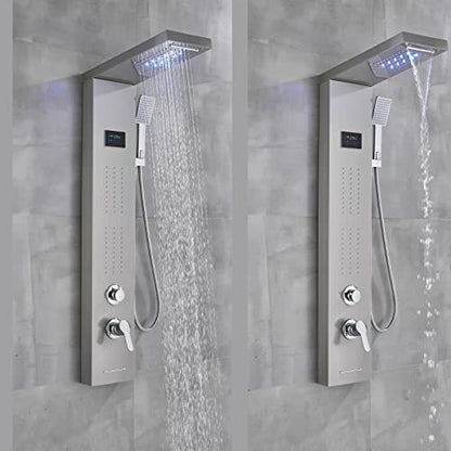 LED Light Shower Panel Tower Rainfall Waterfall Shower Head with Massager Jets Body System Jet Black B (Color : Brushed Nickel B) - color: Brushed Nickel B