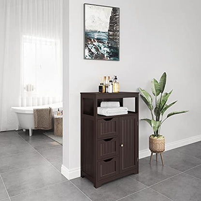 Topeakmart Freestanding Wood Bathroom Floor Cabinet, Espresso | Storage Cabinet with 3 Drawers and Cupboard, for Hallway, Entryway, Living Room, Accent Furniture - color: Espresso