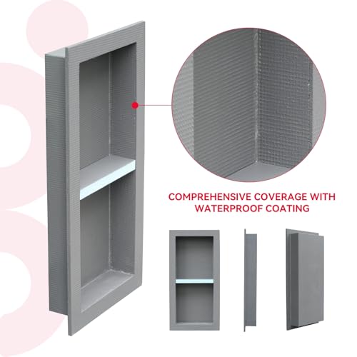 Shower Niche Insert Tile Ready 12x20 | Embedded size 13x21, mortar surface for strong tile bonding, waterproof coating for double water protection, double shelf - size: 12" x 20"