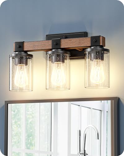 EDISHINE 3-Light Painted Wood Farmhouse Vanity Light, Bubble Glass Shade | Up & Down Reversible Mounting, E26 Base, Industrial Farmhouse Design, Wall Sconces Lamp for Bedroom, Powder Room - size: 3-Light with Bubble Glass Shade