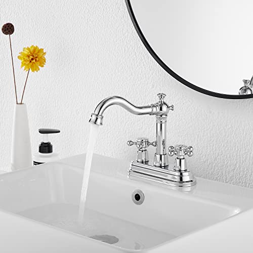 Chrome Bathroom Faucet GGStudy 2 Handles 4 Inches Centerset Bathroom Vanity with Drain Assembly and Supply Hose Lavatory Faucet Mixer Double Handle Tap - color: Polished Chrome, style: Metal Cover