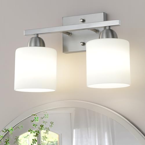 Mecgirn Stainless Steel Milk Glass Vanity Lights for Bathroom, 2 Light Brushed Nickel Bathroom Light Fixtures Over Mirror, Ceramic E26 Sockets Wall Mounted - color: Brushed Nickel, size: 2 Light