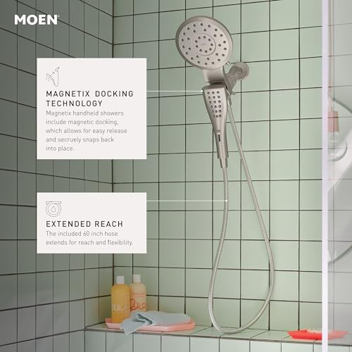 Moen 220C2EPSRN Verso Showerhead Combo, Magnetix, Brushed Nickel | Rain and handshower combo, Magnetix docking, Infiniti dial spray control, 60" hose, brushed nickel finish - color: Spot Resist Nickel