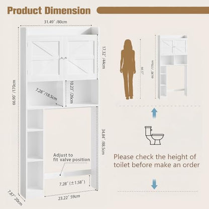 Over the Toilet Storage Cabinet, 66.92”H 7-Tier Bathroom Organizer Rack | Toilet Shelf with Side Cabinet and 2 Farmhouse Barn Doors,Freestanding Space Saver for Bathroom, Laundry, White