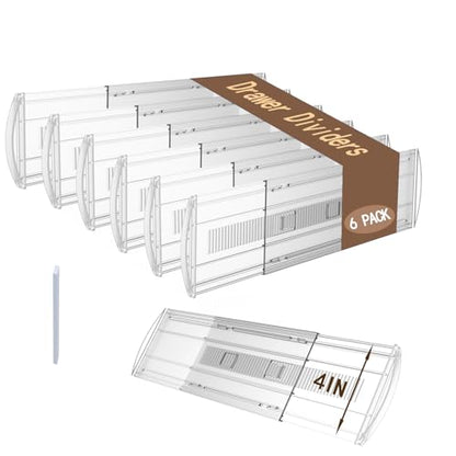 6 Pack Adjustable Drawer Dividers for Clothes,4" High Expandable From 13-21" Clear Drawer Organizers, PC Plastic Separators for Dresser/Bedroom/Bathroom/Kitchen/Office Storage - size: 6 PCS-T2-Clear-4 IN