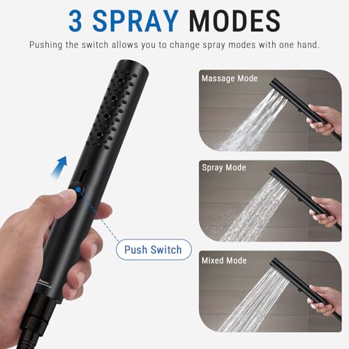 G-Promise All Metal 3-Function Handheld Shower Wand | All Metal, Built to Last, Easy Install, with On/Off Switch Holder, Extra Long Hose, Modern Upgrade - color: Matte Black, style: Round