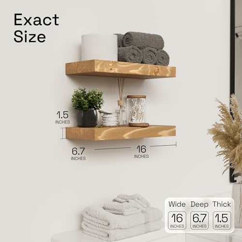 Natural Wood Floating Shelves for Wall 16 Inch Oak, Wooden Bathroom Shelf | Solid Wood, Wall Mounted, Kitchen Bedroom Living Room, Rustic Farmhouse, Natural Oak Finish, 16W × 6.7D, Set of 2 - color: Gold Oak, size: 16 Inch