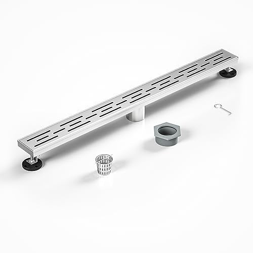 Linear Shower Drain 28" Brushed 304 Stainless Steel | with Drain Grate | Fast Drainage | Stainless Floor Drain Grate | Hair Strainer | Drain Key | The Upgrade for Your Bathroom - size: 28 Inch