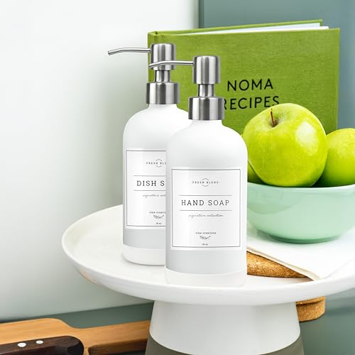 Vine Creations White Glass Soap Dispenser, 2 Pack Kitchen Soap Dispenser Set with Stainless Steel Pump, 16 oz Dish Soap and Hand Soap Dispensers for Bathroom with Waterproof Labels - color: Matte White Bottle / Silver Pump