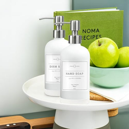 Vine Creations White Glass Soap Dispenser, 2 Pack Kitchen Soap Dispenser Set with Stainless Steel Pump, 16 oz Dish Soap and Hand Soap Dispensers for Bathroom with Waterproof Labels - color: Matte White Bottle / Silver Pump