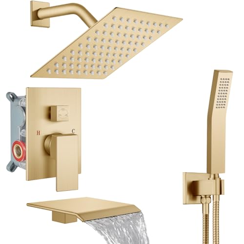 Midanya Shower System with Tub Spout,Bathtub Shower Faucet Set with Square Rainfall Head and Handheld Sprayer Wall Mount Tub Faucet Set with Valve and Trim Kit,8 Inch Brushed Gold - color: Brushed Gold, size: 8 Inch