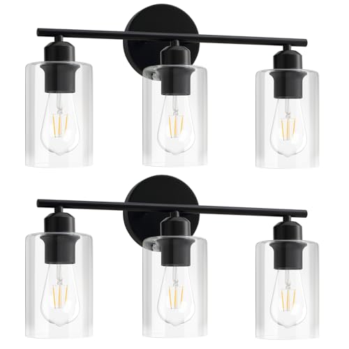 3-Light Matte Black Vanity Lights, Modern Bathroom Light Fixtures Over Mirror With Clear Glass Shade, Wall Sconce Lighting for Hallway - 2Pack - color: Matte Black, size: 3 Light - 2 pack