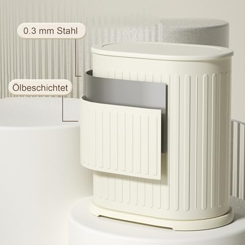 1.6 Gallon Trash Can with Lid, Small Bathroom Trash Can Wastebasket, Slim Garbage Can with Inner Bucket, Press Top Lid Garbage Container Bin for Kitchen, Home, Office, Bedroom, Living Room - color: Cream White