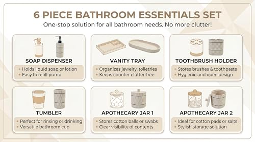 Bathroom Accessory Set, 6 Piece Bathroom Essentials Sets Accessories, Soap Dispenser Set, Toothbrush Holder, Vanity Tray, Tumbler, Cotton Swab Jars, Decor Organizer for Modern Bathrooms(Beige)