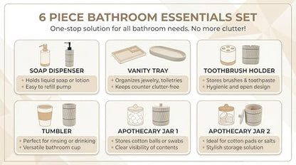 Bathroom Accessory Set, 6 Piece Bathroom Essentials Sets Accessories, Soap Dispenser Set, Toothbrush Holder, Vanity Tray, Tumbler, Cotton Swab Jars, Decor Organizer for Modern Bathrooms(Beige)