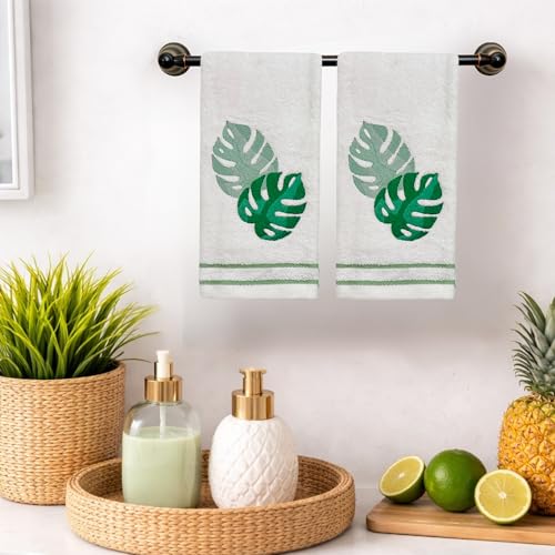 Serafina Home Coastal Tropical Palm Leaves Embroidered Bath Hand Fingertip Towels, Green on Ivory, 100% Cotton, Set of 2, 12 x 18 inches - color: Monstera