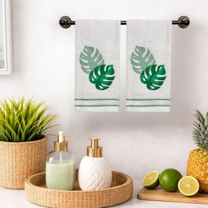 Serafina Home Coastal Tropical Palm Leaves Embroidered Bath Hand Fingertip Towels, Green on Ivory, 100% Cotton, Set of 2, 12 x 18 inches - color: Monstera