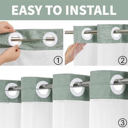 No Hooks Sage Boho Faux Linen Shower Curtain with Snap-in Liner Set, Textured Hotel Luxury Bathroom Curtain with See Through Top Window, Waterproof & Washable, 72x84 inches - color: Sage, size: 72"W x 84"L (Pack of 1), style: No Hooks
