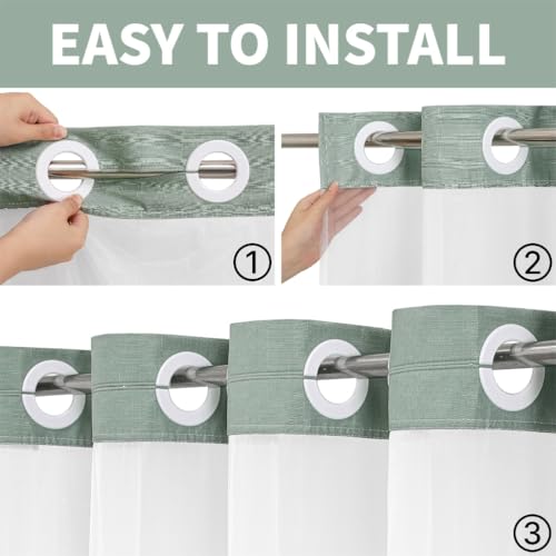 No Hooks Sage Boho Faux Linen Shower Curtain with Snap-in Liner Set, Textured Hotel Luxury Bathroom Curtain with See Through Top Window, Waterproof & Washable, 72x78 inches - color: Sage, size: 72"W x 78"L (Pack of 1), style: No Hooks