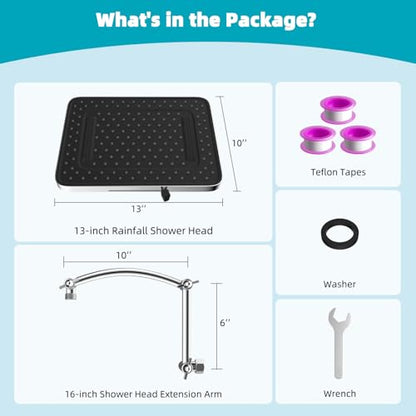 Hibbent Rain Shower Head, 13'' High Pressure Rainfall Square 5 Spray Mode Showerhead with 16" Shower Head Extension Arm, Solid Brass Adjustable Shower Arm Extender, Waterfall fixed Showerheads, Chrome - color: Chrome, style: Square 13'' with Arm