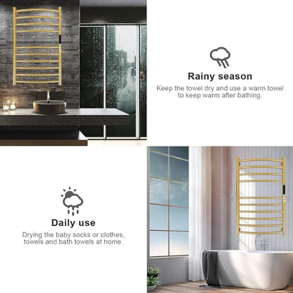 Luxury 10 Bars Gold Towel Warmer Wall Mount Electric Plug-in/Hardwired Heated Towel Rack, Heated Towel Drying Rack with Timer & Temperature Multi-Level Adjustable (Brushed Gold, 10 Bars) - color: Brushed Gold, size: 10 Bars