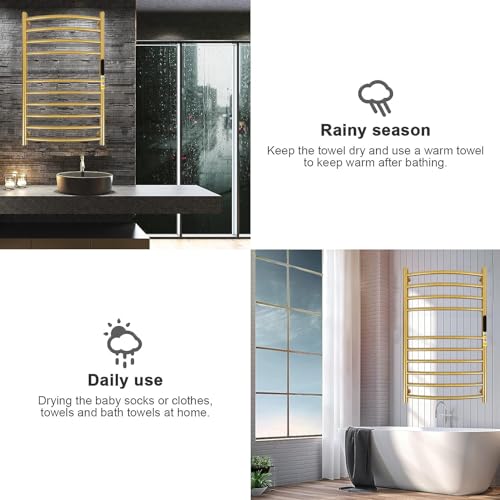 Luxury 10 Bars Gold Towel Warmer Wall Mount Electric Plug-in/Hardwired Heated Towel Rack, Heated Towel Drying Rack with Timer & Temperature Multi-Level Adjustable (Brushed Gold, 10 Bars) - color: Brushed Gold, size: 10 Bars