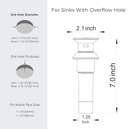 Bathroom Sink Drain with Overflow, All Metal Pop Up Bathroom Sink Drain Stopper with Removable Hair Catcher, Chrome 304 Stainless Steel Sink Drain Strainer, Fits 1-1/2" to 1-3/4" Vanity Sinks - color: Chrome, style: Small Popup Cap