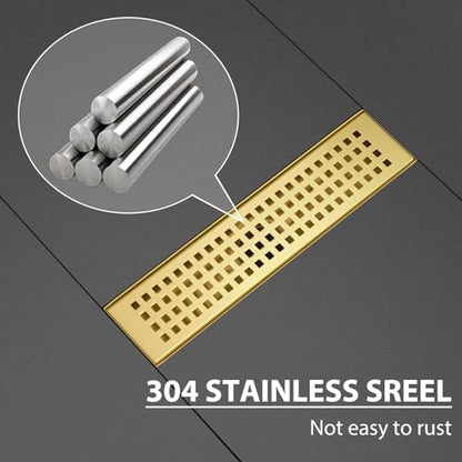 SaniteModar Linear Shower Drain 12 inch Brushed Gold with Square Hole Panel | AISI 304 Stainless Steel Brushed Gold Linear Dain Rectangle Shower Floor Drain with Hair Strainer and Leveling Feet - color: Brushed Gold, size: 12 Inch