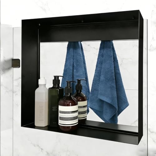 Hanging Shower Shelf with Hooks, Bathroom Caddy Shower Organizer for Shower Glass Panels, Over The Door Metal Shower Shelves for Bathroom, Black