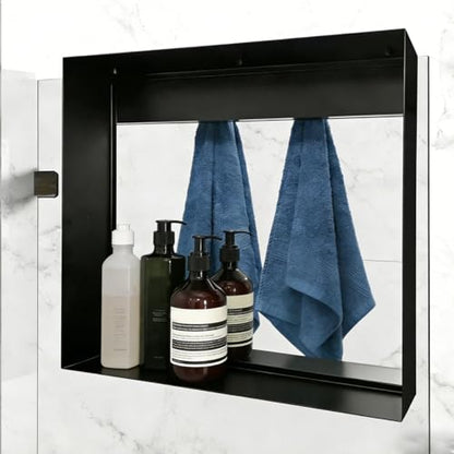 Hanging Shower Shelf with Hooks, Bathroom Caddy Shower Organizer for Shower Glass Panels, Over The Door Metal Shower Shelves for Bathroom, Black