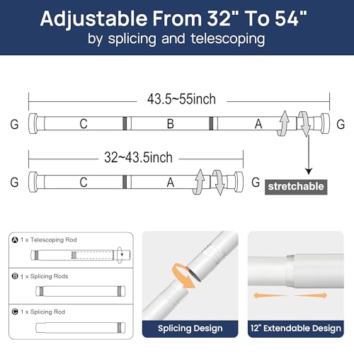 ENJOYBASICS 2 Pack Tension Curtain Rod, 32-54" Adjustable, Stable, White | Secure Hold with Strong Spring & Non-Slip Ends, No-Drill, No Tools, Sag-Resistant, Waterproof, Fits Windows, Showers & Closet - color: White, size: 32-54"