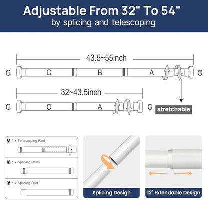 ENJOYBASICS 2 Pack Tension Curtain Rod, 32-54" Adjustable, Stable, White | Secure Hold with Strong Spring & Non-Slip Ends, No-Drill, No Tools, Sag-Resistant, Waterproof, Fits Windows, Showers & Closet - color: White, size: 32-54"
