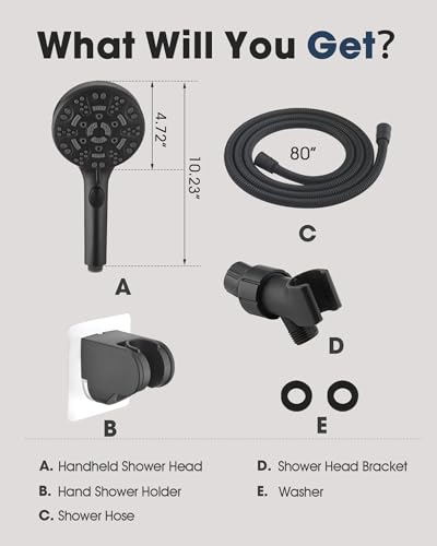 Handheld Shower Head with 6.56ft Extra Long Hose, On Off Switch 8-Seting High Preesure Hand Held Showerhead, Low-Reach Adhesive Holder for Kid, Disable& Elder (Matte Black) - color: Matte Black