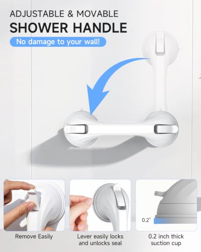 2 Pack Shower Grab Bar for Shower and Bathtubs, No Drilling, White | Suction Shower Handle for Elderly, Suction Cup Removable Handrails Safety Grip, Heavy Duty, 12 inch - color: White