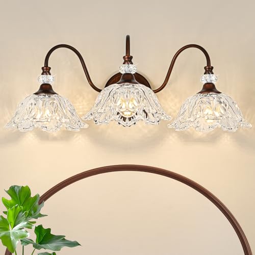 Antique Red Bronze Finish Bathroom Vanity Light, 3-Light Vintage Vanity Light with Floral Clear Glass Shades, Retro Wall Mount Lighting for Bathroom, Dressing Table - color: Antique Red Bronze, size: 3-Light