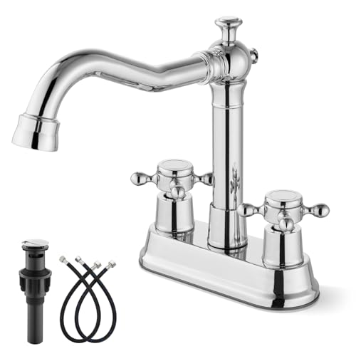 gotonovo 4 Inch Centerset Bathroom Faucet 2 Cross Handles Deck Mount 2 Hole Lavatory Vanity Utility Mixer Tap with Water Supply Hoses and Pop Up Drain RV Farmhouse, Polish Chrome - color: Polish Chrome