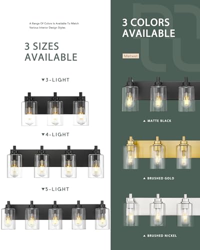 3-Light Bathroom Light Fixtures, Black Vanity Light with Cylinder Clear Glass Shade, Modern Vanity Lighting Fixtures Over Mirror, VL143-MB-3 | 16.5" modern bathroom light fixtures over mirror, E26 base, bulbs not included, VL143-MB-3 - color: Black, Cylin