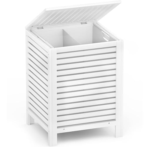 Bamboo Laundry Hamper with Lid, 120L Large Clothes Laundry Sorter with Removable 2-Section Liner Bag, Raised Laundry Basket Organizer for Clothing, Bathroom, Bedroom, Laundry Room, White - color: White
