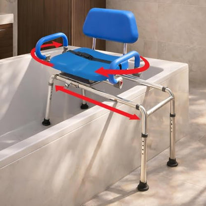 Carousel Sliding Shower Chair Tub Transfer Bench with Swivel Seat Elderly | Slide Safely In & Out of the Tub - Blue, padded seat, padded armrests, swivel seat, backrest, portable, tool-free assembly - color: Blue