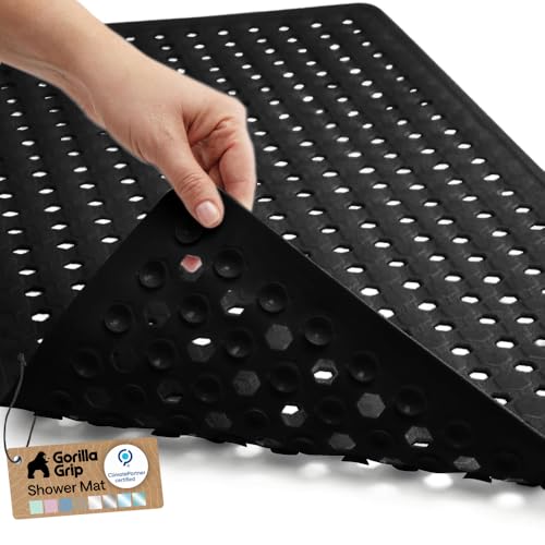 GORILLA GRIP Patented Bath Tub Shower Mat, Machine Washable Bathtub Floor Liner Mats, Suction Cups and Drain Holes to Keep Tubs Clean, Soft on Feet, Bathroom Essentials, 35x16 Inch, Black - color: Black (Opaque), size: 35" x 16" (Rectangular)
