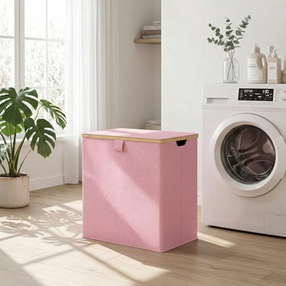 efluky Laundry Hamper with Lid, Double Laundry Basket with 2 Removable Bags, 2 Section Laundry Bin with Bamboo Handles for Bathroom, Bedroom & Laundry Room, 140L (36.9 Gallon) Pink - color: Pink, size: 140L Dual