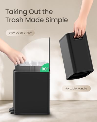 Cesun Small Black Bathroom Trash Can with Lid Soft Close & Pedal, 1.3 Gal | Removable Inner Bucket, Slim Stainless Steel Garbage Can for Bedroom/Office, Included 5 Trash Bags, Hidden Bag, Built to Last - color: Black