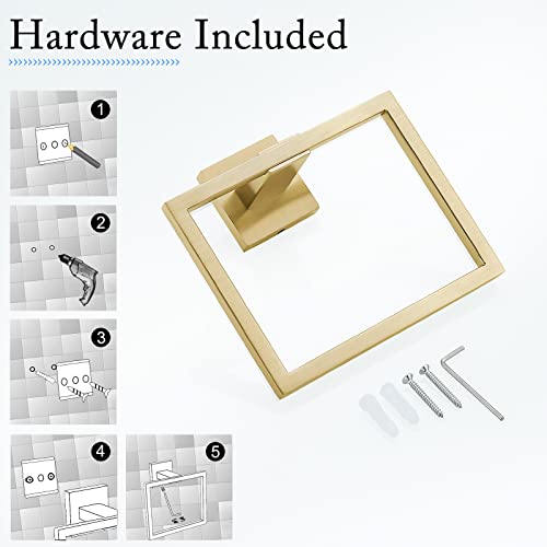 TQKAG Brushed Gold Towel Ring, Bathroom Hand Towel Holder, Wall Mount | 5.5 Inch, Square Gold Towel Ring, SUS304 Stainless Steel, Easy Installation, Bathroom Kitchen Entryway Vanity Sink - color: Brushed Gold