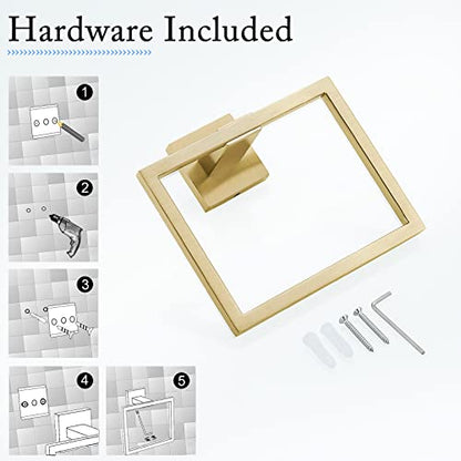 TQKAG Brushed Gold Towel Ring, Bathroom Hand Towel Holder, Wall Mount | 5.5 Inch, Square Gold Towel Ring, SUS304 Stainless Steel, Easy Installation, Bathroom Kitchen Entryway Vanity Sink - color: Brushed Gold