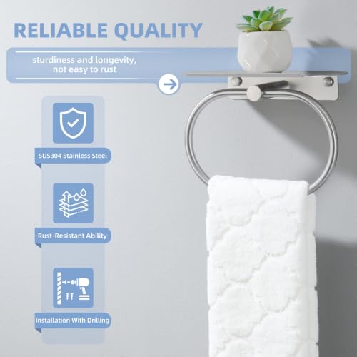 Suyar Bathroom Towel Ring with Shelf, Oval Hand Towel Holder Brushed Nickel | SUS304 Stainless Steel, 2-in-1 Space-Saving Design, Versatile Top Shelf for Small Plants Toiletries Soap Phones, Wall Mounted - color: Brushed Nickel